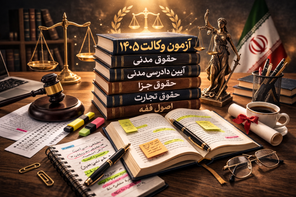 منابع آزمون وکالت ۱۴۰۵ – حقوق مدنی، جزا، تجارت و فقه
